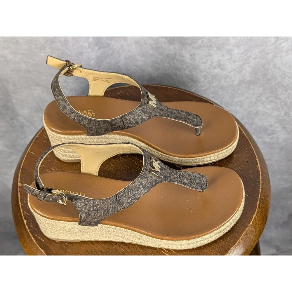 Michael Kors Brown Signature Logo Espadrille‎ Wedge Sandals SG20K Women 6.5M